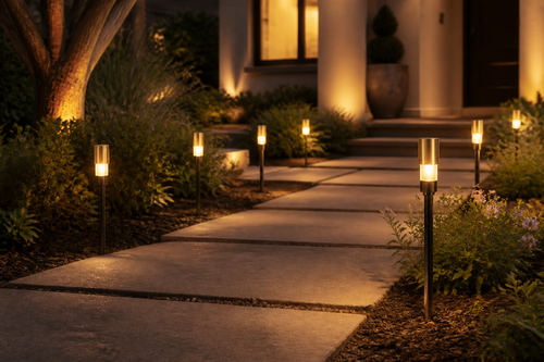Path lights along a walkway at dusk
