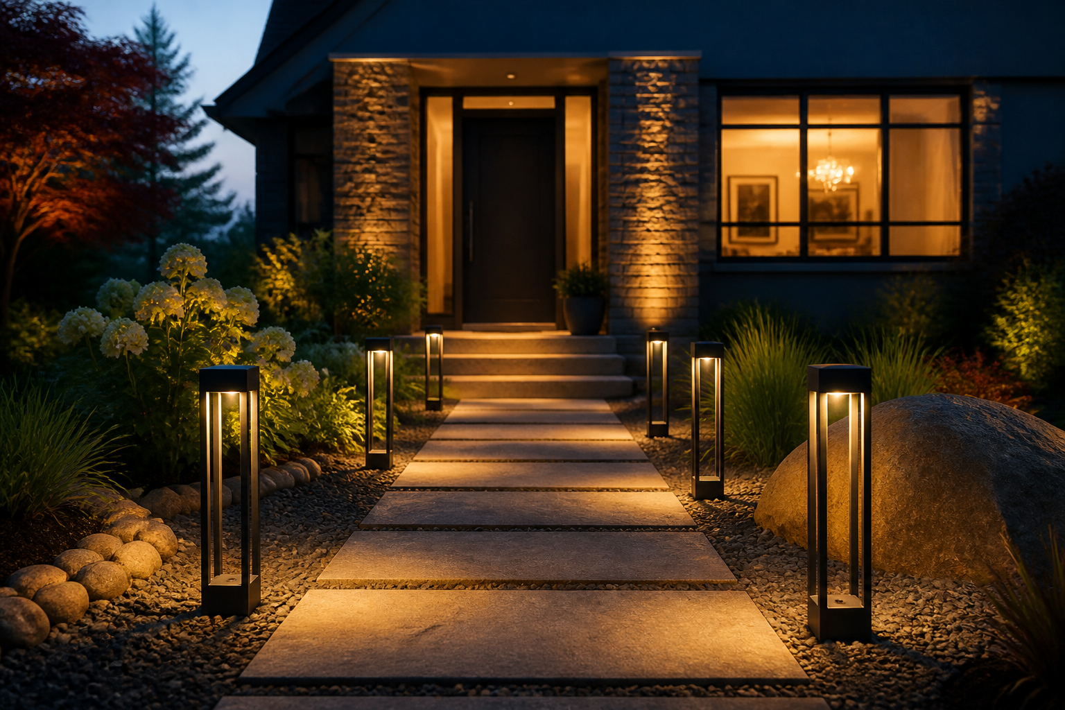 Walkway at dusk with matched AfterDusk path lights