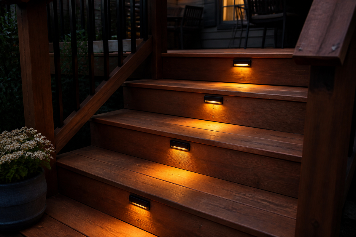 Riser Step Lights on wooden deck stairs at dusk