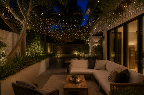 Cadence micro LED string lights over patio at dusk